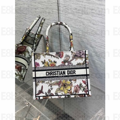 Dior Small Book Tote Bag in White Multicolor Jardin Botanique Embroidery 2022