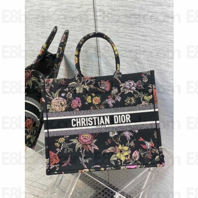 Dior Large Book Tote Bag in Black Multicolor Jardin Botanique Embroidery 2022