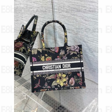 Dior Small Book Tote Bag in Black Multicolor Jardin Botanique Embroidery 2022