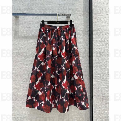 DIOR Red Multicolor Cotton and Silk Poplin with Dior Roses Motif Flared Mid-Length Skirt 2023