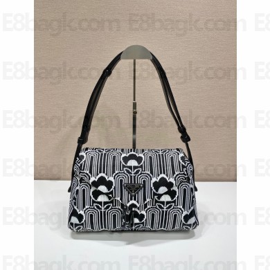 PRADA Jacquard knit and leather Prada Signaux bag 1BC165 BLACK/WHITE