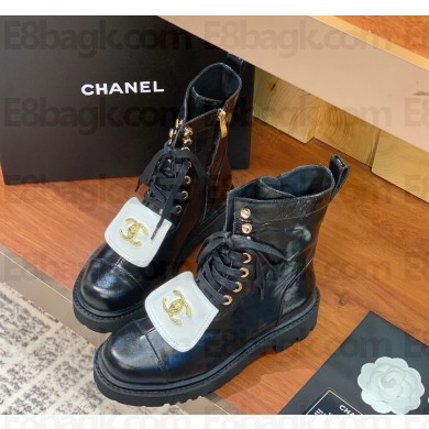 Chanel laue-up calfskin ankle boot in black 1107-2024ss