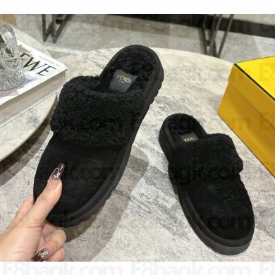 Fendi black FF suede leather slippers with shearling 2024