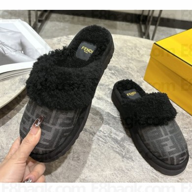 Fendi black FF Cloth slippers with shearling 2024