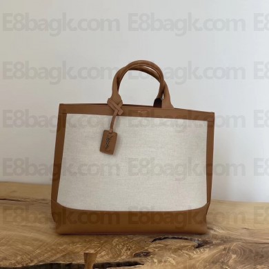 saint lauren le monogramme cabas tote in canvas and smooth leather 619757 brown