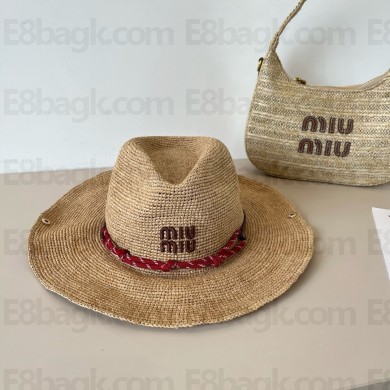 MIU MIU Beige/Burgundy Raffia hat 2025