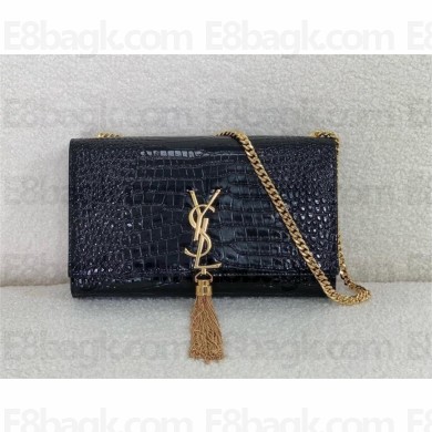 Saint Laurent KATE MEDIUM TASSEL IN CROCODILE-EMBOSSED LEATHER black/gold 2024(original quality)