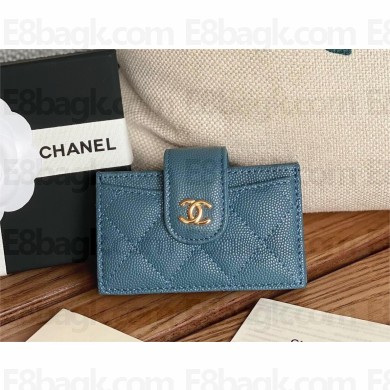 Chanel Grained Calfskin & GOLD-Tone Metal Card Holder AP0342 Blue 2023