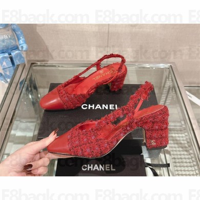 Chanel Heel 6.5cm Tweed & Lambskin red Slingbacks G31318 2023
