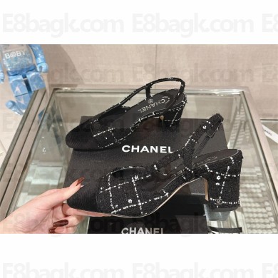 Chanel Heel 6.5cm Tweed & Lambskin white/black Slingbacks G31318 2023