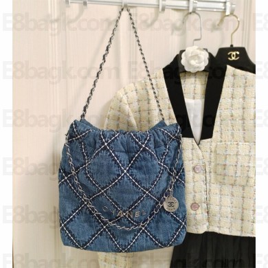 Chanel Stitched Denim & Silver-Tone Metal Blue 22 Handbag AS3261 2024