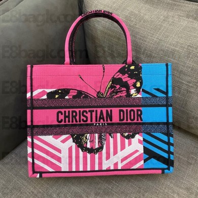 dior Bright Blue and Pink butterfly Embroidery Medium Book Tote 