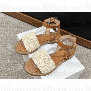 CELINE LYMPIA SANDAL in TRIOMPHE MACCRAMÉ COTTON & CALFSKIN Ecru/Tan 2024