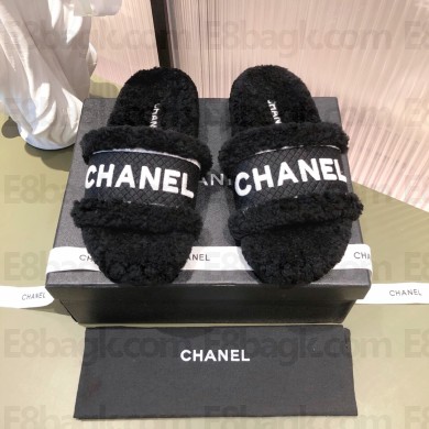 chanel logo flat mules with shearling black 2021