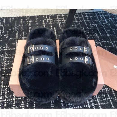 Miu Miu shearling platform mules with buckle black 1211-2024