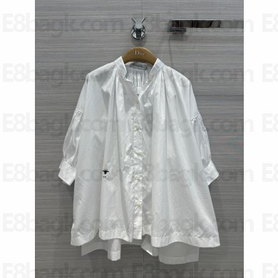 dior white Cotton Poplin Three-Quarter Sleeve Pleated Blouse 2023