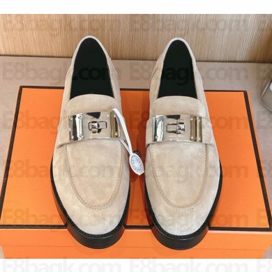 Hermes Hot loafer in suede calfskin with palladium-plated oversized Kelly buckle beige camel  2024