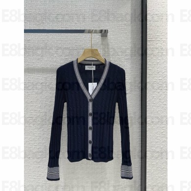 THOM BROWNE Cotton Elongated V-Neck Cable Cardigan navy blue 2024