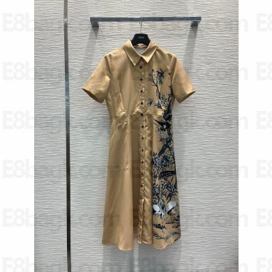 dior Beige Cotton Gabardine with Multicolor Dior Jardin d'Hiver Motif Mid-Length Belted Dress 2023
