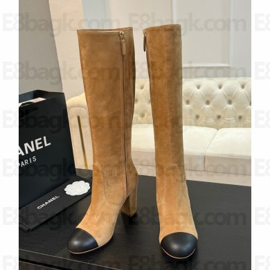 Chanel high Boots Suede Calfskin & Lambskin Light Brown & Black heel 8cm 2024