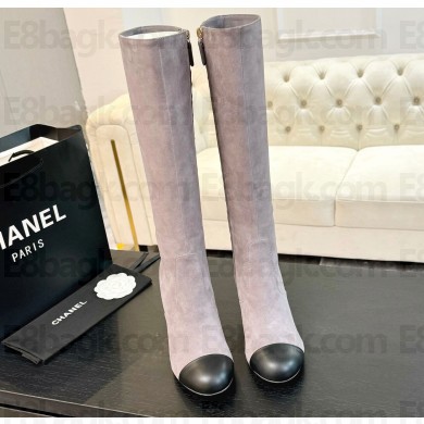 Chanel high Boots Suede Calfskin & Lambskin grey & Black heel 8cm 2024