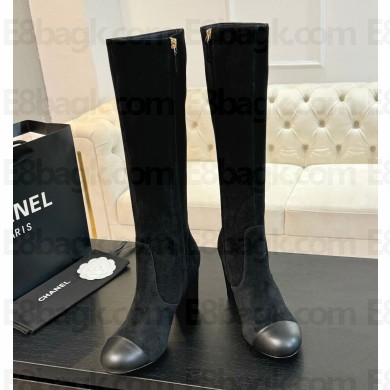 Chanel high Boots Suede Calfskin & Lambskin Black heel 8cm 2024