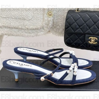 Chanel Sandals Fabric with pearl decoration blue heel 3.5cm 2025