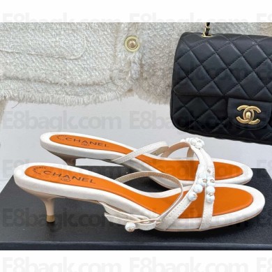 Chanel Sandals Fabric with pearl decoration white heel 3.5cm 2025
