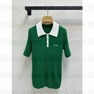 MIU MIU Ribbed cashmere polo shirt Natural/green MMLA34 2025