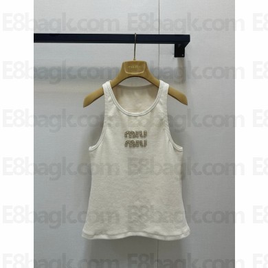 MIU MIU Natural Ribbed jersey top with embroidered logo MJT678 2025