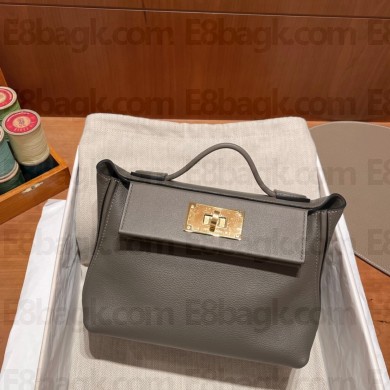 HERMES 24/24 MINI KELLY BAG IN evercolor/swift LEATHER Gris Asphalte(full handmade)