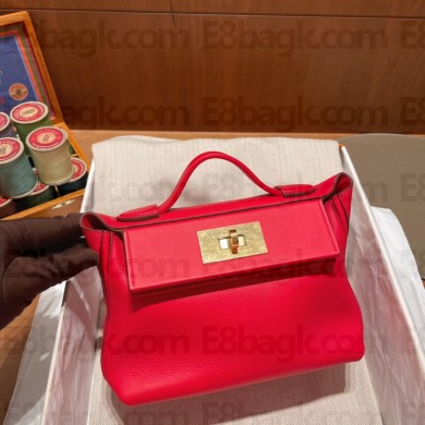 HERMES 24/24 MINI KELLY BAG IN evercolor/swift LEATHER Rouge Casaque(full handmade)