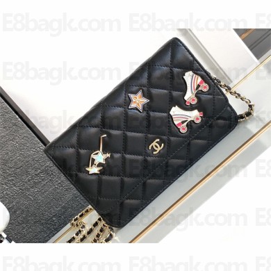 chanel Black Lambskin, Enamel & Gold-Tone Metal Classic Wallet on Chain AP0250 2024