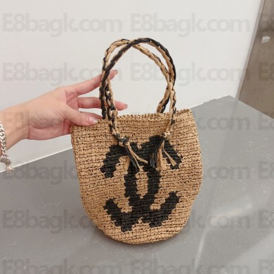 chanel logo printed raffia bucket bag apricot 2023