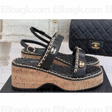 Chanel platform double C with chain sandals Black leather 2025