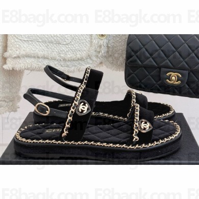 Chanel flat double C with chain sandals Black suede 2025