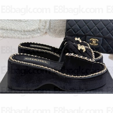 Chanel platform CC Turn Lock with chain slippers Black suede 2025
