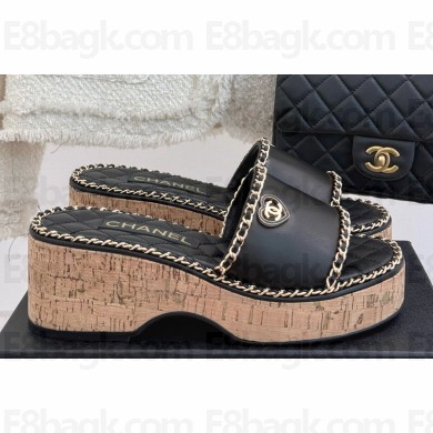 Chanel platform double C with chain slippers Black leather 2025