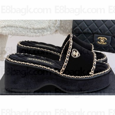 Chanel platform double C with chain slippers Black suede 2025