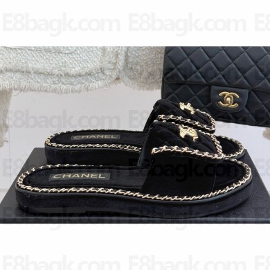 Chanel flat CC turn lock with chain slippers Black suede 2025