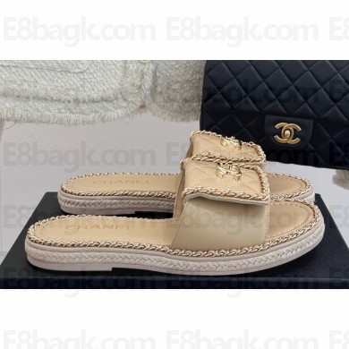 Chanel flat CC turn lock with chain slippers beige leather 2025