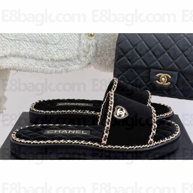 Chanel flat double C with chain slippers Black suede 2025