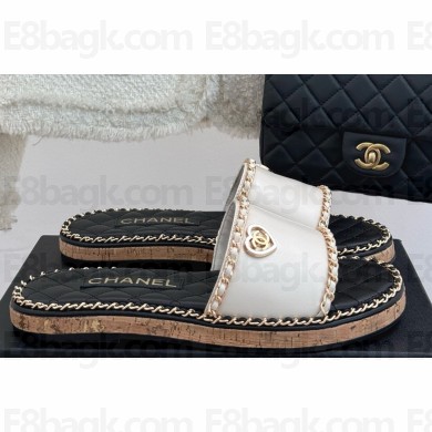Chanel flat double C with chain slippers white leather 2025