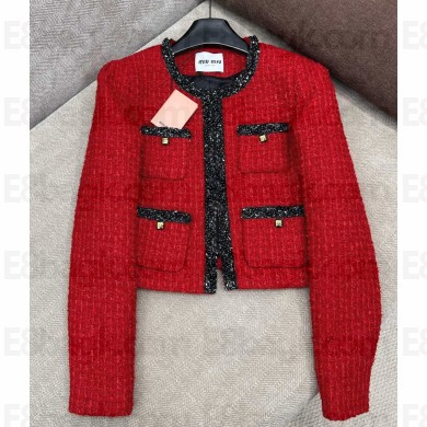 Miu Miu Sequined Crewneck Button-Up Jacket red 2025