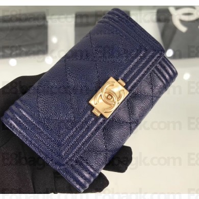 Chanel Grained Calfskin Boy Flap Card Holder A80603 Navy Blue/Gold