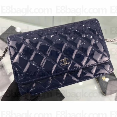Chanel Wallet On Chain WOC Bag in Patent Leather Navy Blue/Silver