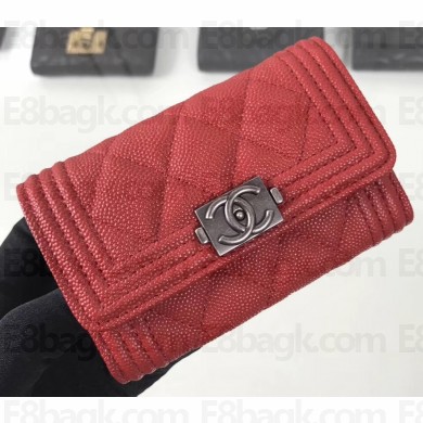 Chanel Grained Calfskin Boy Flap Card Holder A80603 Red/Silver
