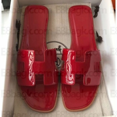 Hermes Oran Flat Slipper Sandals in Patent Calfskin Red