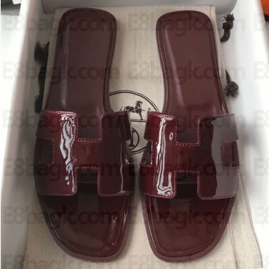 Hermes Oran Flat Slipper Sandals in Patent Calfskin Burgundy