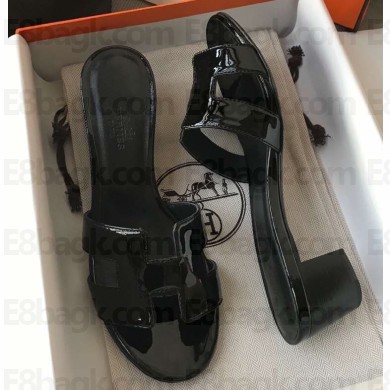 Hermes Heel 5cm Oasis Slipper Sandals in Patent Calfskin Black
